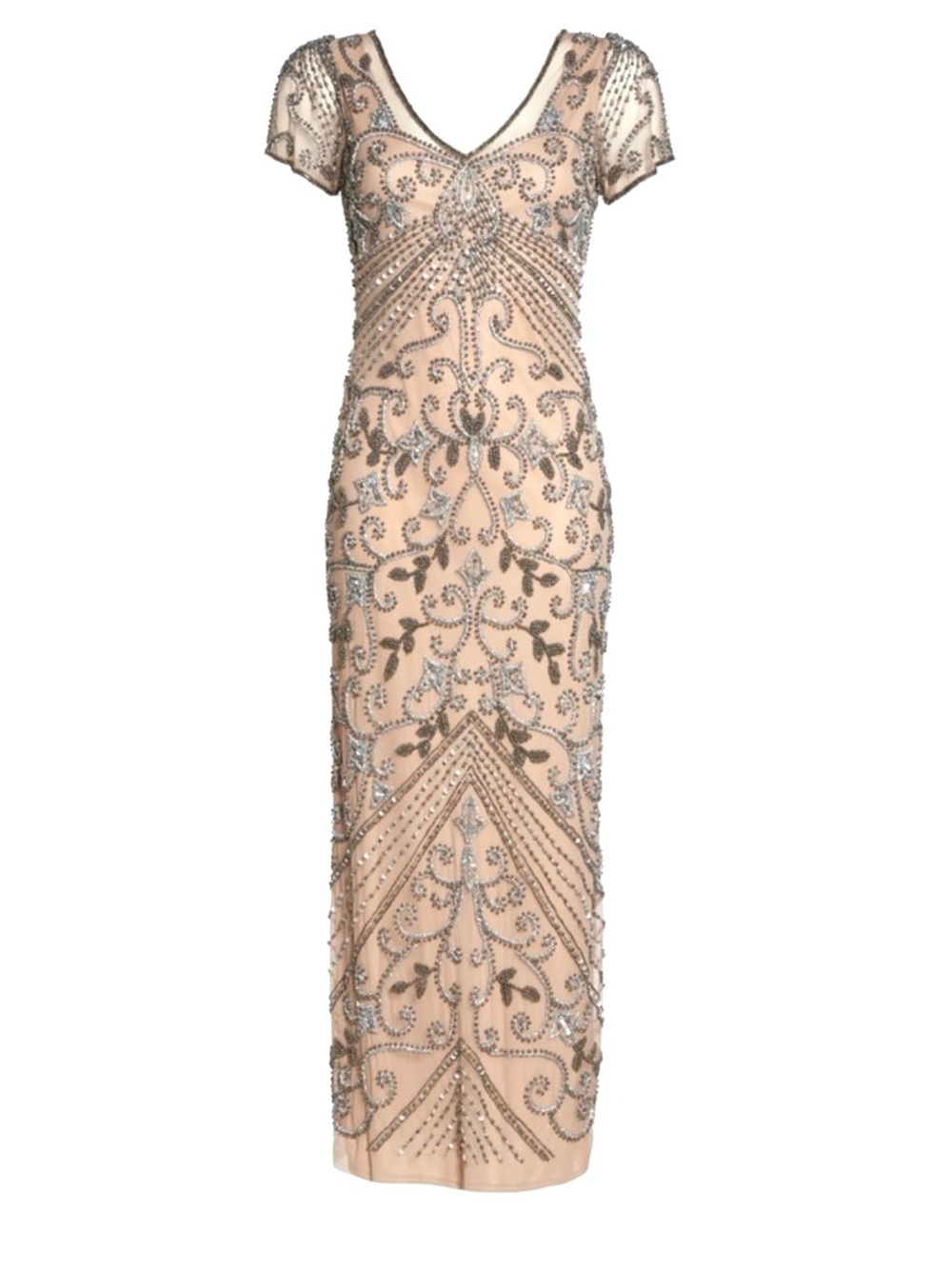 Pisarro Nights Blush Nude Silver Beaded Longline Gown NWT 10